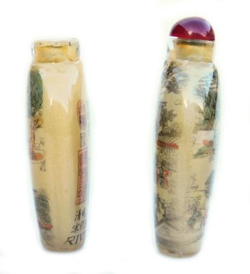 Two Chinese inside painted glass snuff bottles, one painted with figures in a landscape, with stopper, 7.5cm high, the other with figures and buildings aside a boat, verso script and titled 'River Scene', stopper lacking, 6.5cm high. (2) - 2