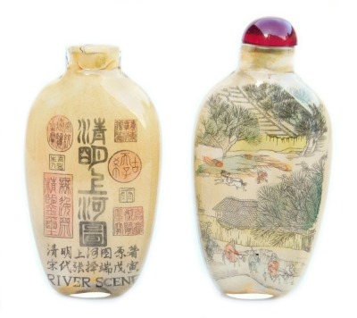 Two Chinese inside painted glass snuff bottles, one painted with figures in a landscape, with stopper, 7.5cm high, the other with figures and buildings aside a boat, verso script and titled 'River Scene', stopper lacking, 6.5cm high. (2) - 3