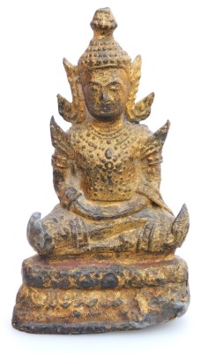 A Chinese soapstone brush washer, carved with an animal, 8cm wide, together with a gilt metal figure of Buddha, modelled seated, 8.5cm high. (2) - 8