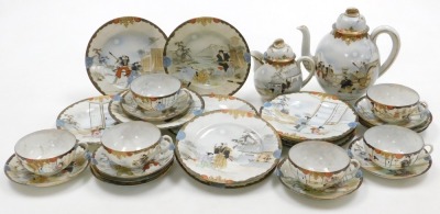 An early 20thC Japanese eggshell porcelain part tea service, painted with samurai and other figures, painted mark, comprising tea pot, covered cream jug, six tea cups, ten saucers and plates.