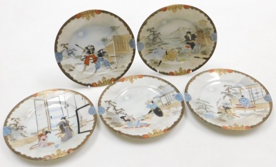 An early 20thC Japanese eggshell porcelain part tea service, painted with samurai and other figures, painted mark, comprising tea pot, covered cream jug, six tea cups, ten saucers and plates. - 2