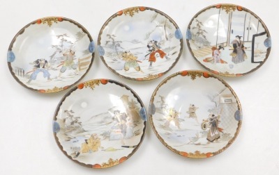 An early 20thC Japanese eggshell porcelain part tea service, painted with samurai and other figures, painted mark, comprising tea pot, covered cream jug, six tea cups, ten saucers and plates. - 4