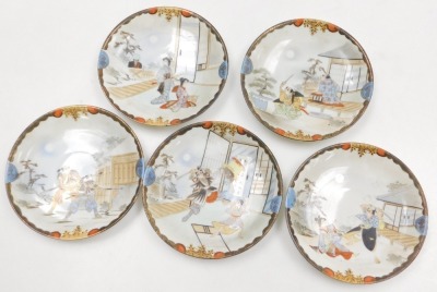 An early 20thC Japanese eggshell porcelain part tea service, painted with samurai and other figures, painted mark, comprising tea pot, covered cream jug, six tea cups, ten saucers and plates. - 5