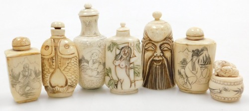 Six Chinese bone snuff bottles and stoppers, carved as the head of an Immortal, pair of fish, and a naked lady among palm trees, and incised with seated women, children at play, and Buddha with buddhistic emblems, together with a pot and cover, the finial