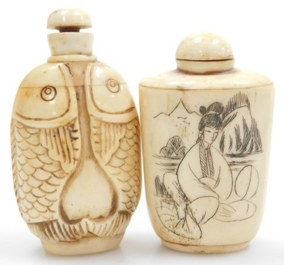 Six Chinese bone snuff bottles and stoppers, carved as the head of an Immortal, pair of fish, and a naked lady among palm trees, and incised with seated women, children at play, and Buddha with buddhistic emblems, together with a pot and cover, the finial - 2