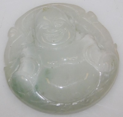 A jadeite pendant carved as the Happy Buddha, 5.5cm high, and a spinach jade carving, possibly a brush rest. (2) - 2