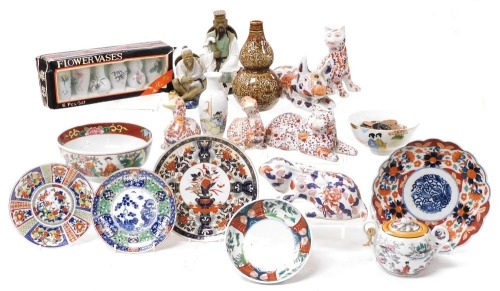 A group of Japanese and Chinese ceramics, including modern Imari figures of animals and birds, brown glazed double gourd vase, miniature flower vases and mud men figures. (a quantity)