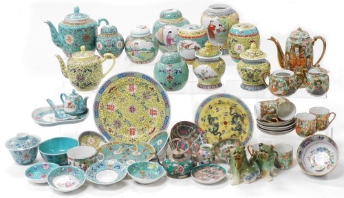 A group of Chinese famille rose and enamelled wares, including ginger jars and covers, teapots, plates and bowls, and a Japanese coffee service. (a quantity)