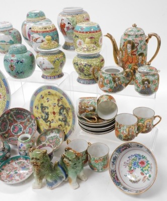 A group of Chinese famille rose and enamelled wares, including ginger jars and covers, teapots, plates and bowls, and a Japanese coffee service. (a quantity) - 3