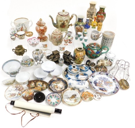 A group of Chinese and Japanese ceramics and collectables, etc., including vases, teapots, figures, cups and saucers. (a quantity)