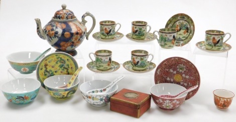 A group of Oriental ceramics, including a 19thC Japanese Imari teapot, Chinese rice bowls and spoons, porcelain coffee cups and saucers decorated with cockerels, together with a lacquer box, and a Japanese Kutani tea bowl. (a quantity)