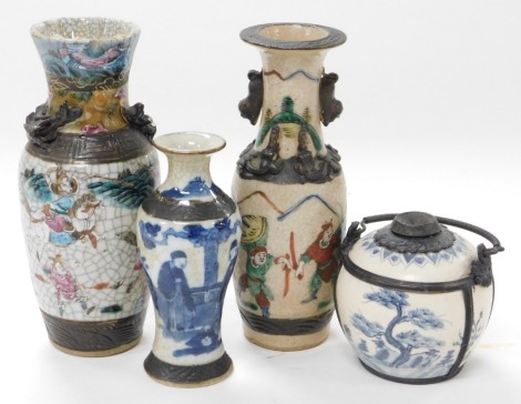 A Chinese blue and white opium pot, with metal mounts, apertures and swing handle, decorated with a landscape, six character Yongzheng mark, 9.5cm high, together with a 19thC Nanking crackle glaze vase, decorated in blue and white with figures in a garden