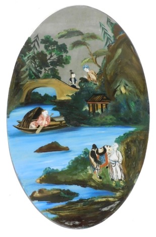 A 19thC Chinese reverse painting on glass, depicting a river landscape, with figures and horse, 107cm x 65cm.