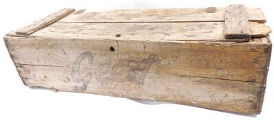 An oak fire screen, decorated with a crest and initials R, 69cm wide, and a pine box. (2) - 2