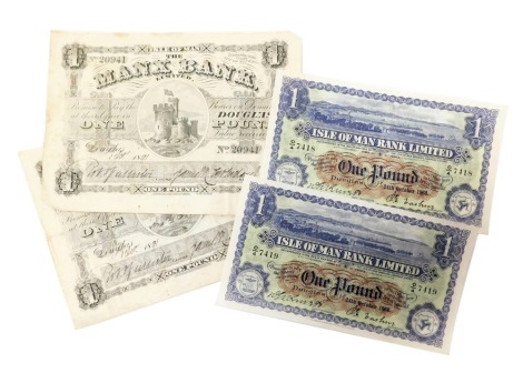 Two Isle of Man Manx Bank Limited one pound notes, dated 1 Oct. 1891, signed by James Sutherland, manager, and Robert Pallister, cashier, serial no. 20941 and 20942, printed by Waterlow and Sons, London, together with two Isle of Man Bank Limited one poun