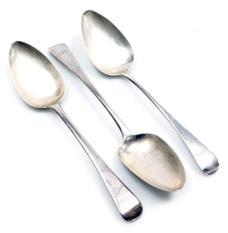 Three George III silver Old English pattern tablespoons, later monogram engraved, London 1805 and 1807 x 2, 5.91oz.