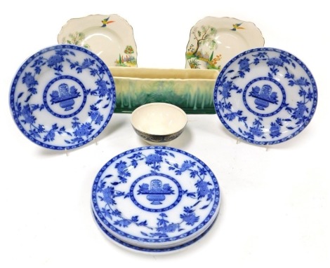 A Beswick pottery planter, with fluted and floral decoration, shape no.732, together with Minton blue and white Delft pattern plates, Myott & Sons sugar bowl, and a pair of J & G Meakin Persian Garden pattern bread plates. (a quantity)