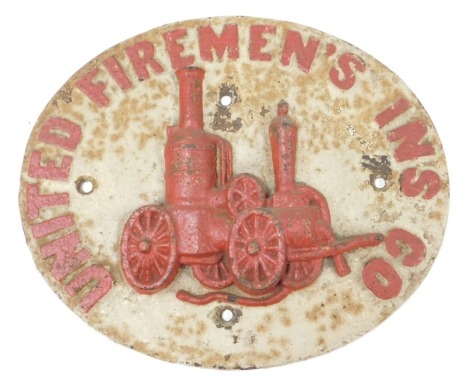 A cast iron oval property mark for United Fireman's Insurance Company, with raised fire engine decoration, 23cm x 31cm. We have specific vendors instructions to SELL WITHOUT RESERVE.