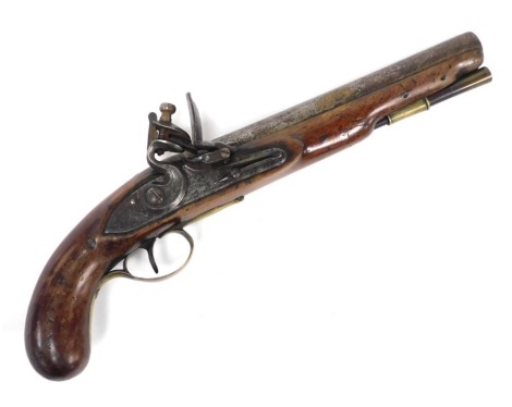 A late 18thC flintlock pistol, by H Nock, with a mahogany stock and steel barrel, bearing proof marks, brass trigger guard and steel plate, 36cm long.