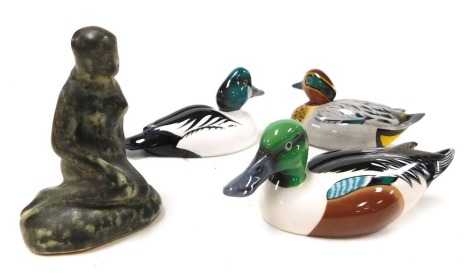 Three Beswick pottery bird figures, comprising Common Teal-Europe JBDB4, Shoveler JBDB8, and Goldeneye JBDB17, together with a Johgus, Bornholm pottery figure of The Little Mermaid. (4)