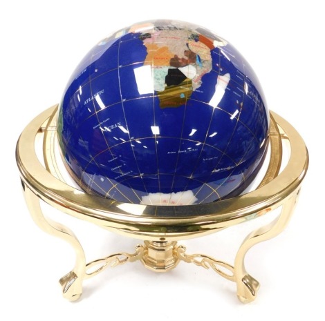 A hardstone gimbal terrestrial globe, in a brass table frame, 45cm high.