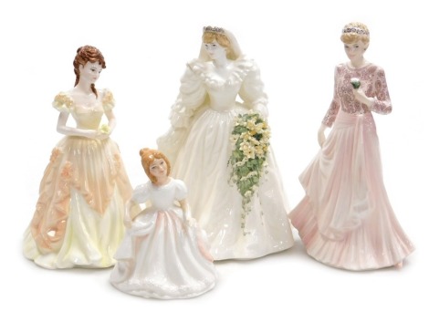 Three Coalport porcelain figures, comprising Our English Rose, limited edition 1136/9500, Ladies of Fashion, Karen, figurine of the year 1996, and Diana Princess of Wales 29th July 1981, limited edition 11303/12500, and a Royal Doulton figure modelled as 