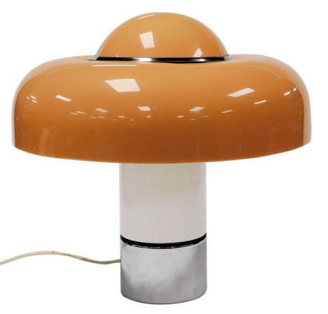 A 1970's Brumbry acrylic table lamp, Luigi Massoni for Harvey Guzzini, with an acrylic mushroom lamp shade, and white conical lacquered metal base, with chrome beneath, 43cm high, 45cm wide. Buyer Note: WARNING! This lot contains untested or unsafe electr