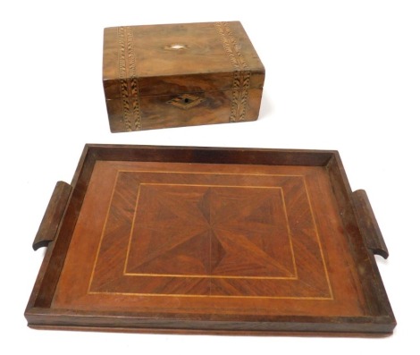 A Victorian walnut and crossbanded box, with a partially lined interior, 12cm high, 30cm wide, 21cm deep, together with an oak and marquetry inlaid twin handled tray, 50cm wide. (2)