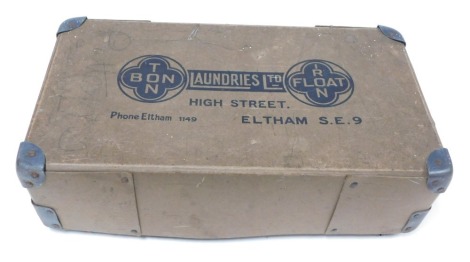 An early 20thC Bonton Laundries Limited Float Iron laundry box, High Street, Eltham, SE9, 54cm wide.