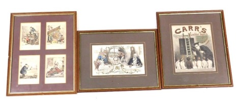 A Victorian coloured advertising print, for Cadbury's Cocoa, 13cm x 22.5cm. further print for Carr's Ladder Tapes, 21cm x 17cm, and a set of four coloured engravings, framed as one, by Seymour and Madeley, of humorous interpretations of scenes from Julius