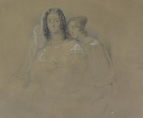 English School (19thC). Study of two women, possibly sisters, charcoal, watercolour and body colour, signed indistinctly, 38cm x 45cm.