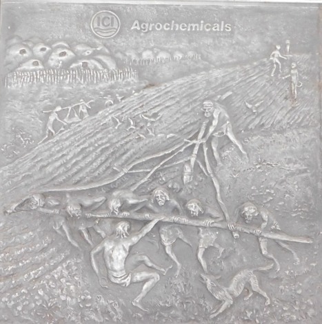 An ICI AgroChemicals professional plaque, designed by Ken Court, illustrating a scene of scientific discovery in the evolution of civilisation, bears label verso, framed 25cm x 25cm.