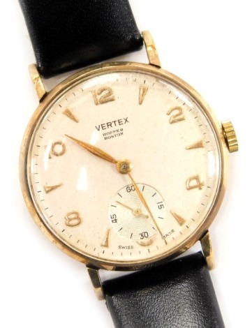 A Vertex gentleman's 9ct gold cased wristwatch, circular champagne dial bearing Arabic numerals at evens, subsidiary seconds dial, clockwork movement, on a leather strap.