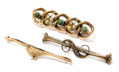 A Victorian turquoise and seed pearl bar brooch, in a five ring scrolling design, yellow metal stamped 9ct, together with a bar brooch set with a pheasant, and a further bar brooch of scrolling form set with seed pearls, 7.1g.