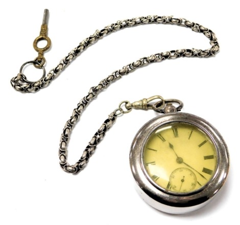 A Victorian gentleman's silver cased pocket watch, open faced, key wind, circular enamel dial bearing Roman numerals, subsidiary seconds dial, fusee movement, no. 4617, the case with engine turned decoration, vacant shield and garter reserve, London 1885,