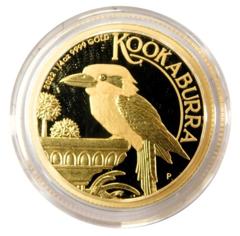 A Perth Mint Elizabeth II gold proof Kookaburra 25 dollars, boxed and outer boxed with certificate, 7.77g.