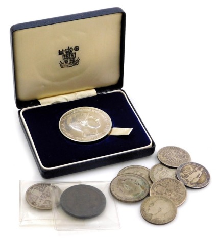 A Royal Mint Prince of Wales Investiture medal 1969, cased, George V half crowns, Victorian and later shillings and florins, George III cartwheel penny, etc. (a quantity)