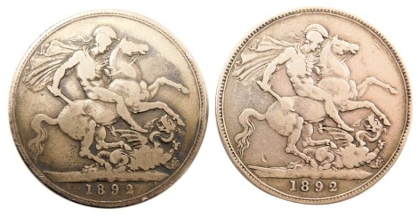 Two Queen Victoria silver crowns, 1892.