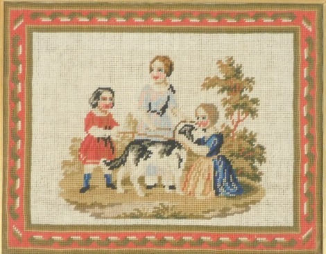 A Victorian woolwork picture, depicting three children in a garden with a dog, rosewood framed, 21cm x 27cm.