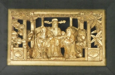 Three 19thC Chinese red and gilt lacquer furniture panels, each carved with figures, framed and glazed, 19m x 39cm, 29cm x 33.5cm, and 19cm x 31cm. - 2