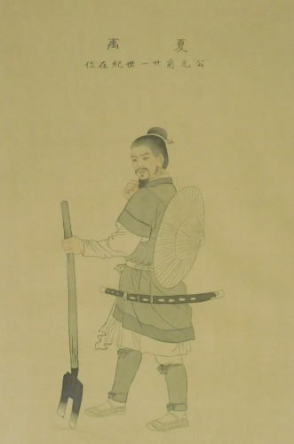 A Japanese woodblock print on fabric of a warrior farmer, beneath script, framed and glazed, 59cm x 39cm.