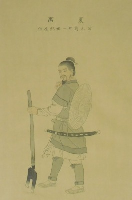 A Japanese woodblock print on fabric of a warrior farmer, beneath script, framed and glazed, 59cm x 39cm.