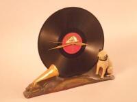 A novelty mantel clock in the form of a HMV gramophone with dog