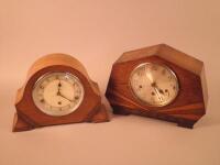 A mantel clock in an oak Art Deco style case and a walnut cased mantel clock with Westminster chime.