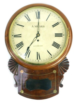 A 19thC mahogany cased drop dial wall clock, the circular off white enamel dial bearing Roman numerals, for A Mears, London, fusee movement, the case inlaid with brass roundels and line decoration, 52cm high, with pendulum and key.