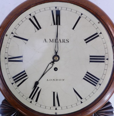 A 19thC mahogany cased drop dial wall clock, the circular off white enamel dial bearing Roman numerals, for A Mears, London, fusee movement, the case inlaid with brass roundels and line decoration, 52cm high, with pendulum and key. - 2