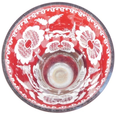 A Bohemian cut glass cranberry flash vase, of inverted trumpet form, on circular base with etched decoration of birds, leaves, etc., 40cm high. (AF) - 2