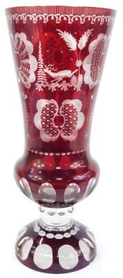 A Bohemian cut glass cranberry flash vase, of inverted trumpet form, on circular base with etched decoration of birds, leaves, etc., 40cm high. (AF) - 3