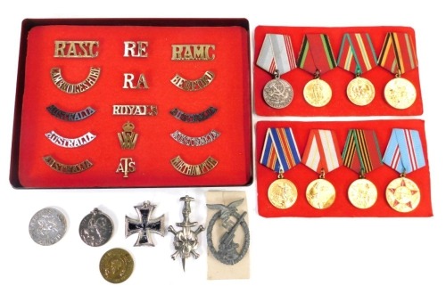 A group of Soviet Union medals, with ribbons (8), together with Third Reich badges, Australian badges, World War One British War medal named to Pte. G.Battelley Norfolk Regiment, 3-6833, etc.