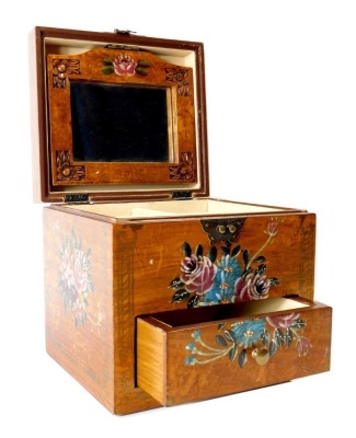 A 20thC Continental walnut jewellery casket, with boxwood inlay and painted decoration of pink and white flowers, with a mirrored and sectional top above single drawer, with brass lock plate, 18cm high, 20cm wide, 18cm deep. - 2